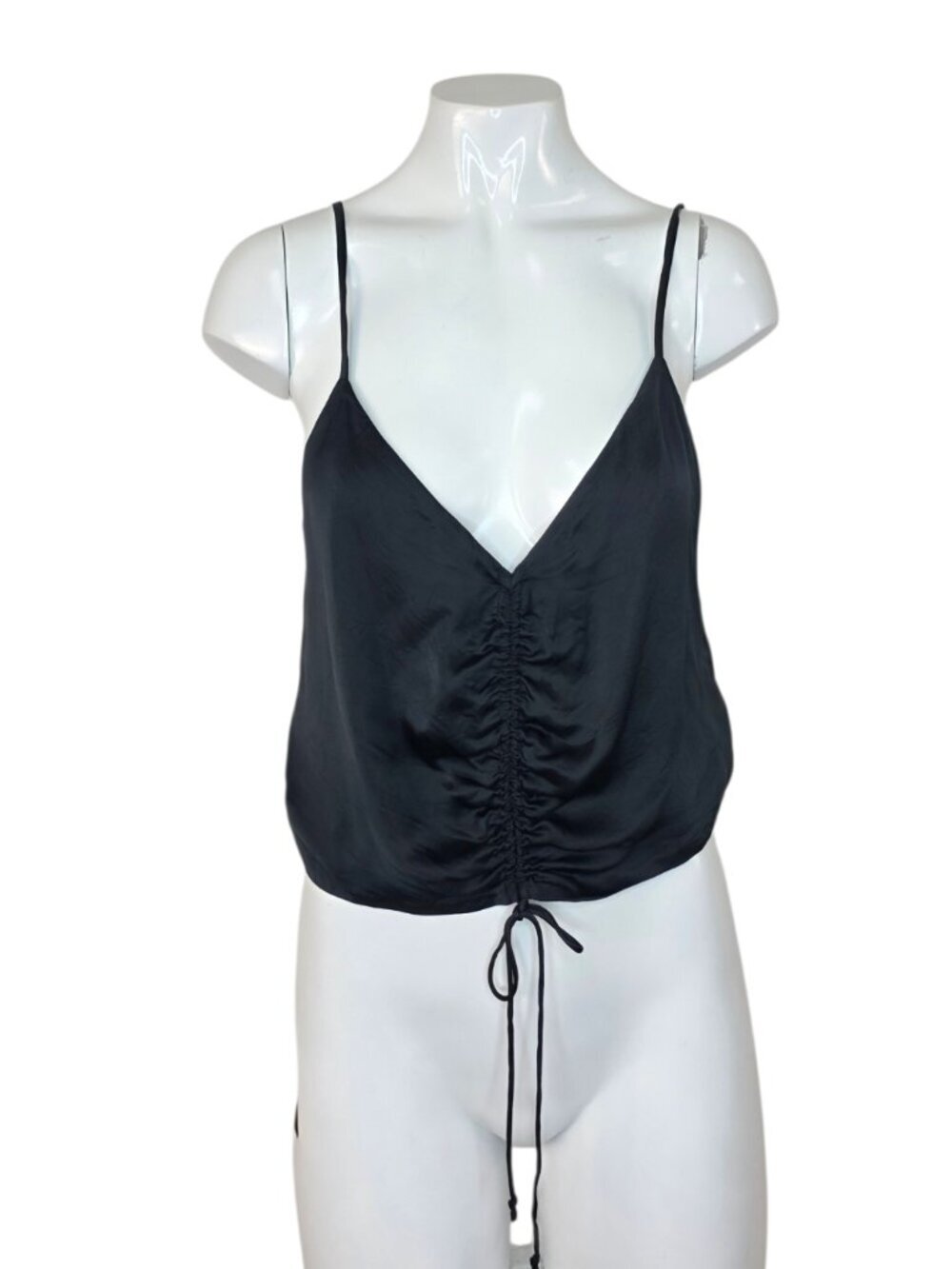 Aritzia Wilfred Verso Camisole, Ruched, Satin Cupro, Black, Size Medium, Cropped